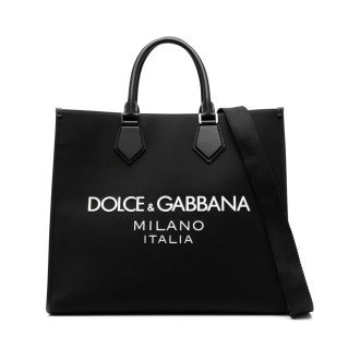 DOLCE & GABBANA borsa tote grande nera con logo Dolce & Gabbana bianco goffrato