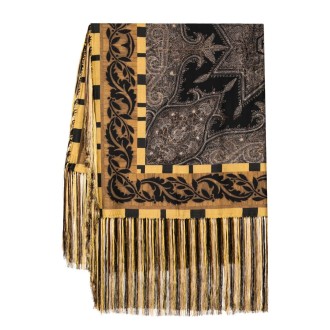 PIERRE LOUIS MASCIA sciarpa in seta con frange color oro e marrone con motivi geometrici
