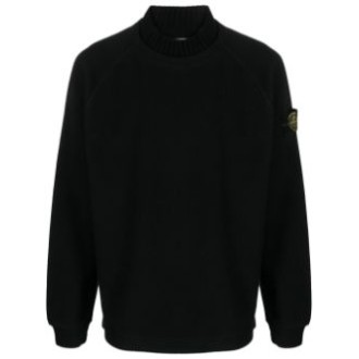STONE ISLAND felpa nera a collo alto in lana vergine e cotone con texture jersey