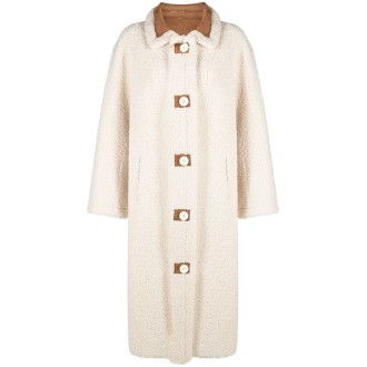STAND STUDIO cappotto teddy in eco-lana bianca con dettagli marroni a contrasto