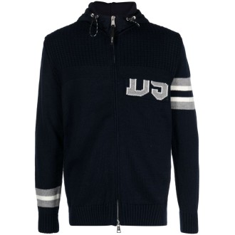 PMDS Felpa con cappuccio e zip in maglia a intarsio blu bianco e grigio