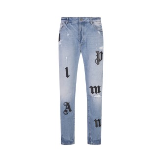 PALM ANGELS Jeans Blu Con Patches Logo