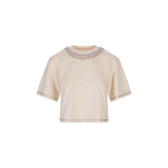 PACO RABANNE T-Shirt Crop Nude Con Strass In Oro e Argento