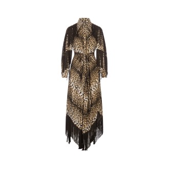 ROBERTO CAVALLI Abito Lungo Con Frange e Stampa Leopardata