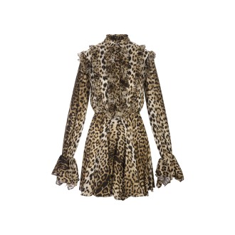 ROBERTO CAVALLI Mini Abito Leopardato Con Ruches e Orlo Asimmetrico