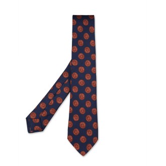 KITON Cravatta In Seta Blu Navy Con Pattern Arancione