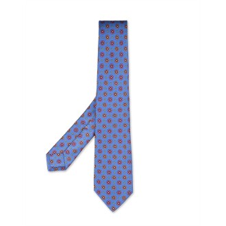 KITON Cravatta In Seta Azzurro Cielo Con Micro Fiori Rossi e Gialli