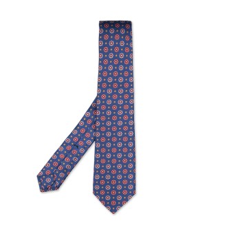 KITON Cravatta In Seta Blu Con Micro Fiori Rossi e Azzurri