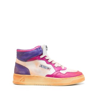 AUTRY Sneakers Medalist Mid Super Vintage In Pelle Bianca, Fucsia e Viola