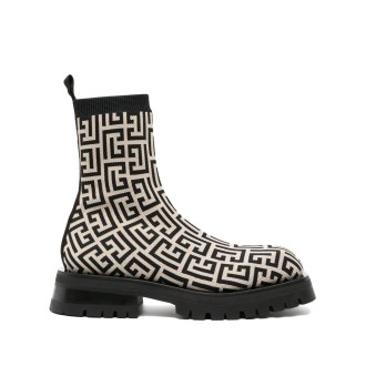 BALMAIN Stivaletto In Maglia Jacquard Nero e Avorio con Monogramma