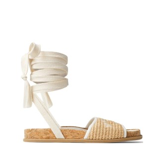 JIMMY CHOO Sandali Gal Flat In Rafia Naturale ed Ecrù