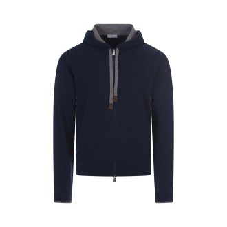 FEDELI Cardigan In Cashmere Blu Con Zip e Cappuccio
