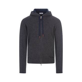 FEDELI Cardigan In Cashmere Grigio Scuro Con Zip e Cappuccio