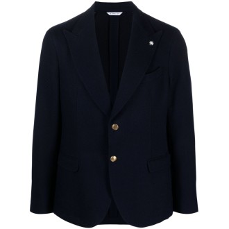 MANUEL RITZ giacca blu navy in twill di cotone e lana con bottoni color oro