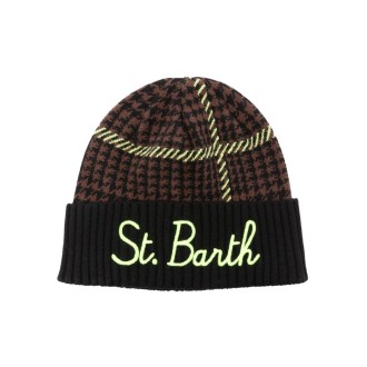 MC2 cappello in lana nero e marrone con logo St.Barth giallo fluo