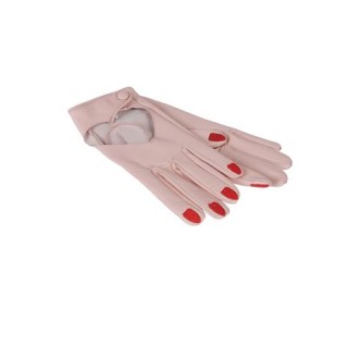 Guanto di Vivetta, da donna, colore rosa. Realizzati in pelle con dettaglio unghie ricamate colore rosso e taglio cuore. 