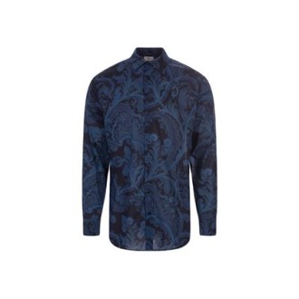 Camicia di Etro, da uomo, color blu. Modello in cotone decorata da una stampa Paisley all over. 