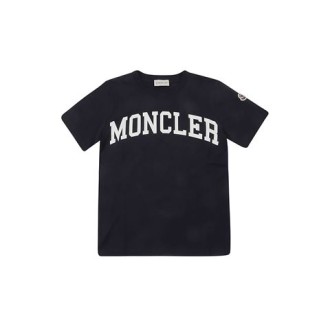 T-shirt di Moncler Kids, colore blu. Modello girocollo e maniche corte. Scritta logo a contrasto. 