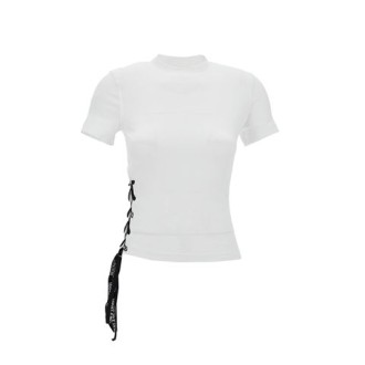 T-shirt di Versace Jeans Couture, da donna, colore bianco. Modello collo alto e maniche corte. Caratterizzata da nasto laterale inserito, a contrasto, con scritta logo. Vestibilità slim. 