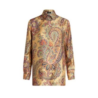 Camicia di Etro, da donna, colore beige. Modello in twill di seta boyfit, decorata da una stampa con motivi Paisley. 