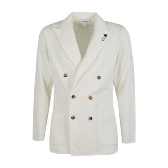 Giacca in maglia doppiopetto di Lardini , colore bianco sei bottoni , rever a lanci, due tasche a toppa, spacchi laterali 