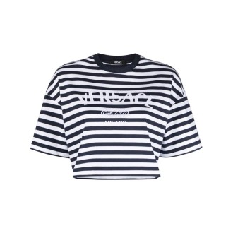 Versace Nautical Stripes And Logo `Still Versace` Cropped T-Shirt
