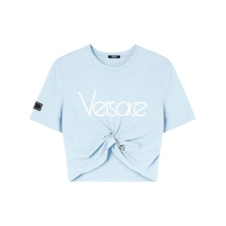 Versace `Versace 80S` Logo Embroidery Cropped T-Shirt