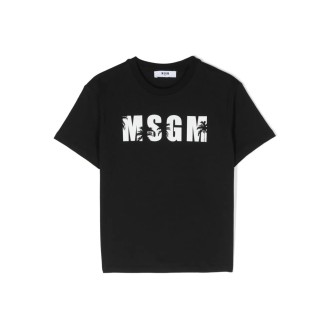 MSGM KIDS T-Shirt Nera Con Logo e Palme