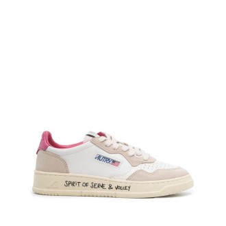 AUTRY sneakers bianche e beige sabbia con tallone rosa intenso