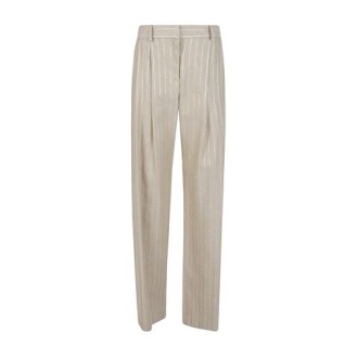 Pantalone di Ermanno Firenze, da donna, colore corda. Modello gessato, passati per cintura alla vita e chiusura con gancio e zip. 