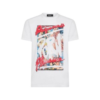 T-shirt di Dsquared2, da uomo, colore bianco. Modello giorcollo e maniche corte con stampa frontale multicolore. 