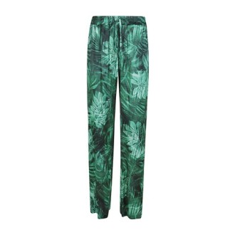 Pantalone di Ermanno Firenze, da donna, colore verde. Modello vita alta con coulisse regolabile. Morbido con stampa foglie all-over. 