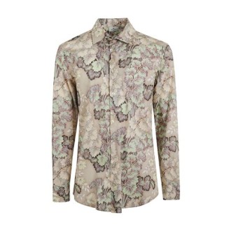 Camicia di Etro da uomo, colore beige. Motivo foglie all-over. Colletto classico e maniche lunghe. Chiusura frontale con bottoni. 