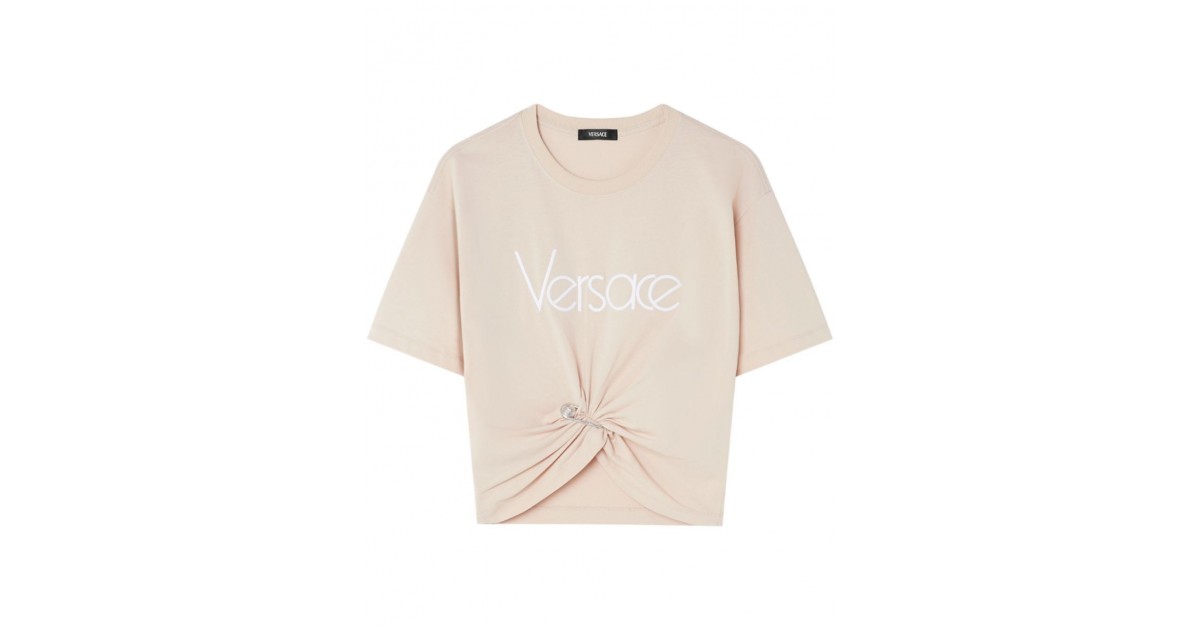 Tシャツ・カットソー Versace Fringed Logo Embroidery T-Shirt 10189811A136161PS10 Fringed Embroidered Logo Slim-Fit T-Shirt | VERSACE