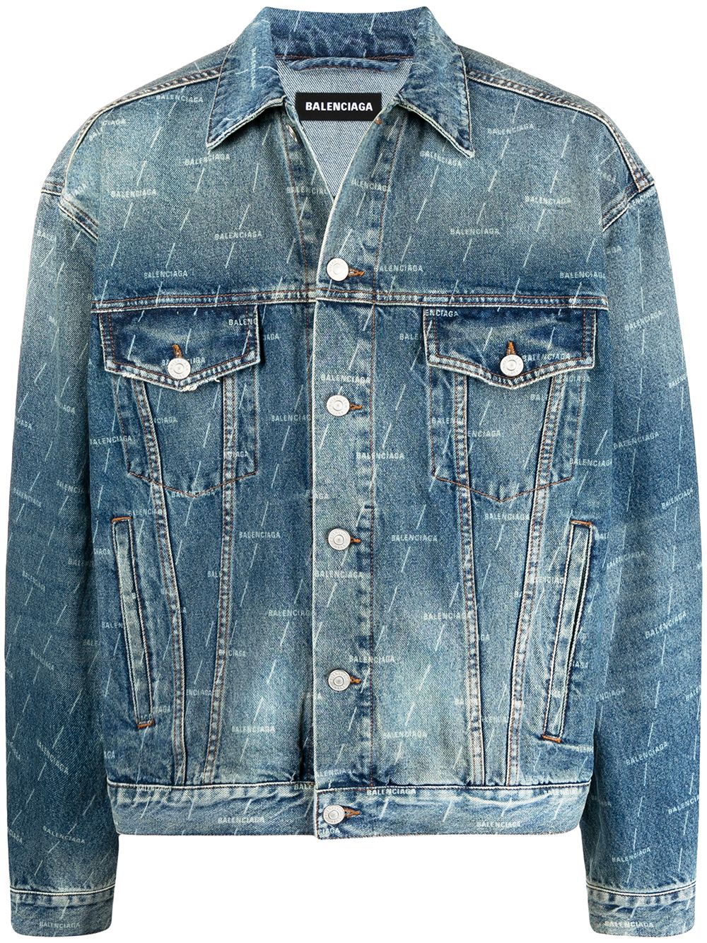 BALENCIAGA Giacca in denim di cotone blu con effetto stonewashed, stampa  logo Balenciaga all-over | SHOPenauer