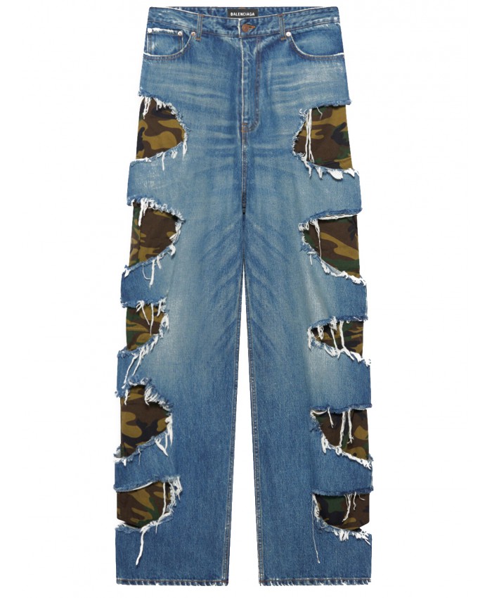 BALENCIAGA jeans baggy in denim biologico con strappi in stampa camouflage
